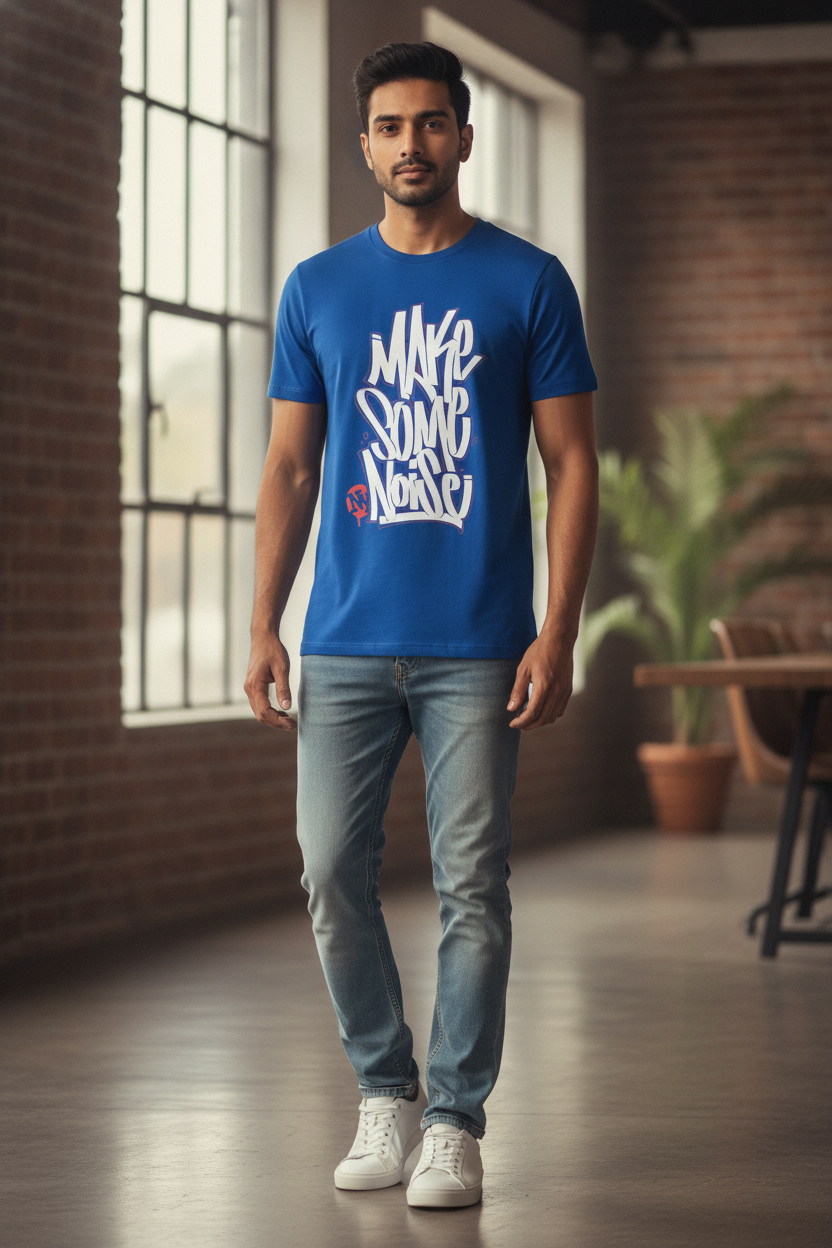 Make Some Noise Graphic Printed Blue Tshirt