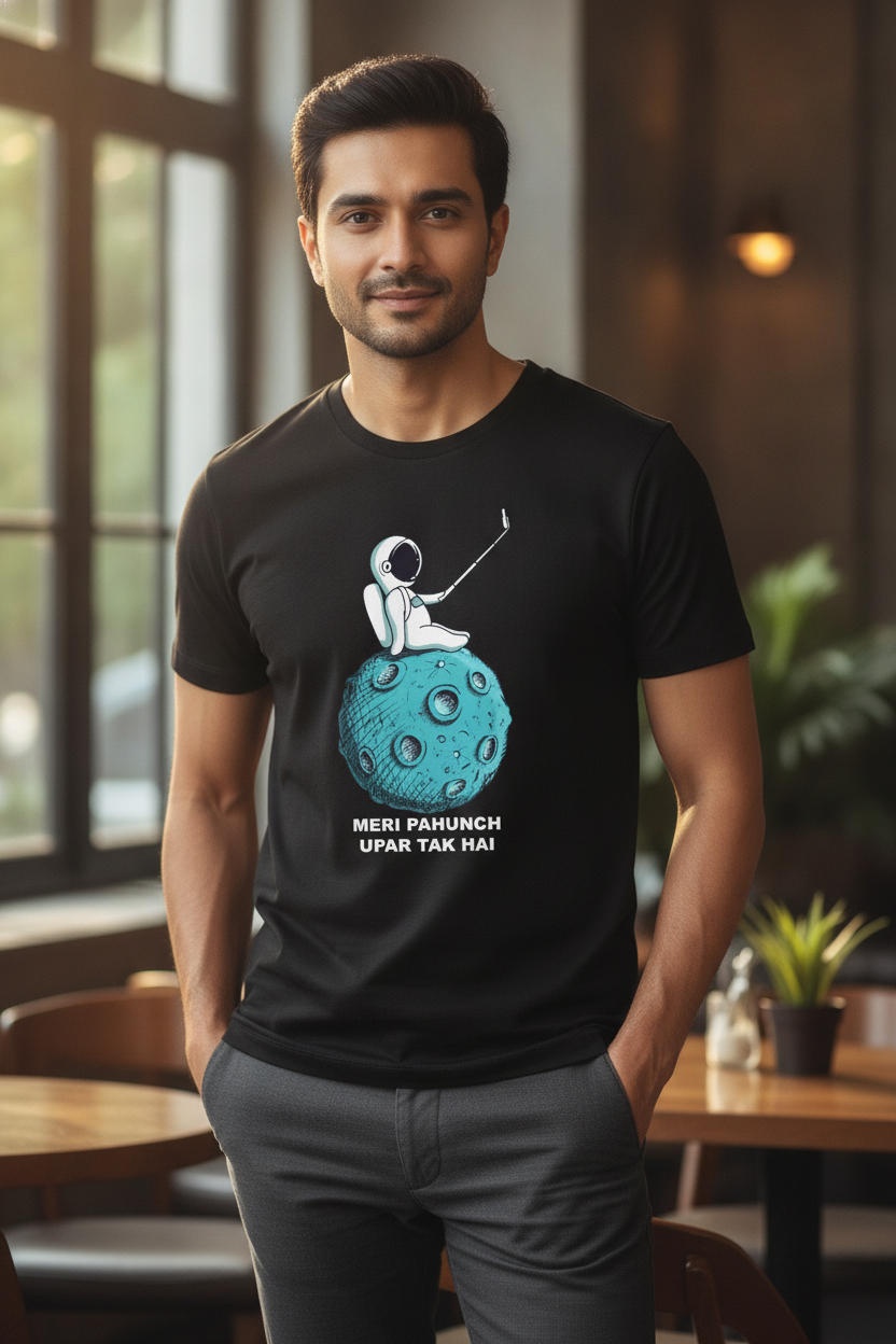 Meri Pahunch Upar tak hai - Astronaut Selfie Black Tee