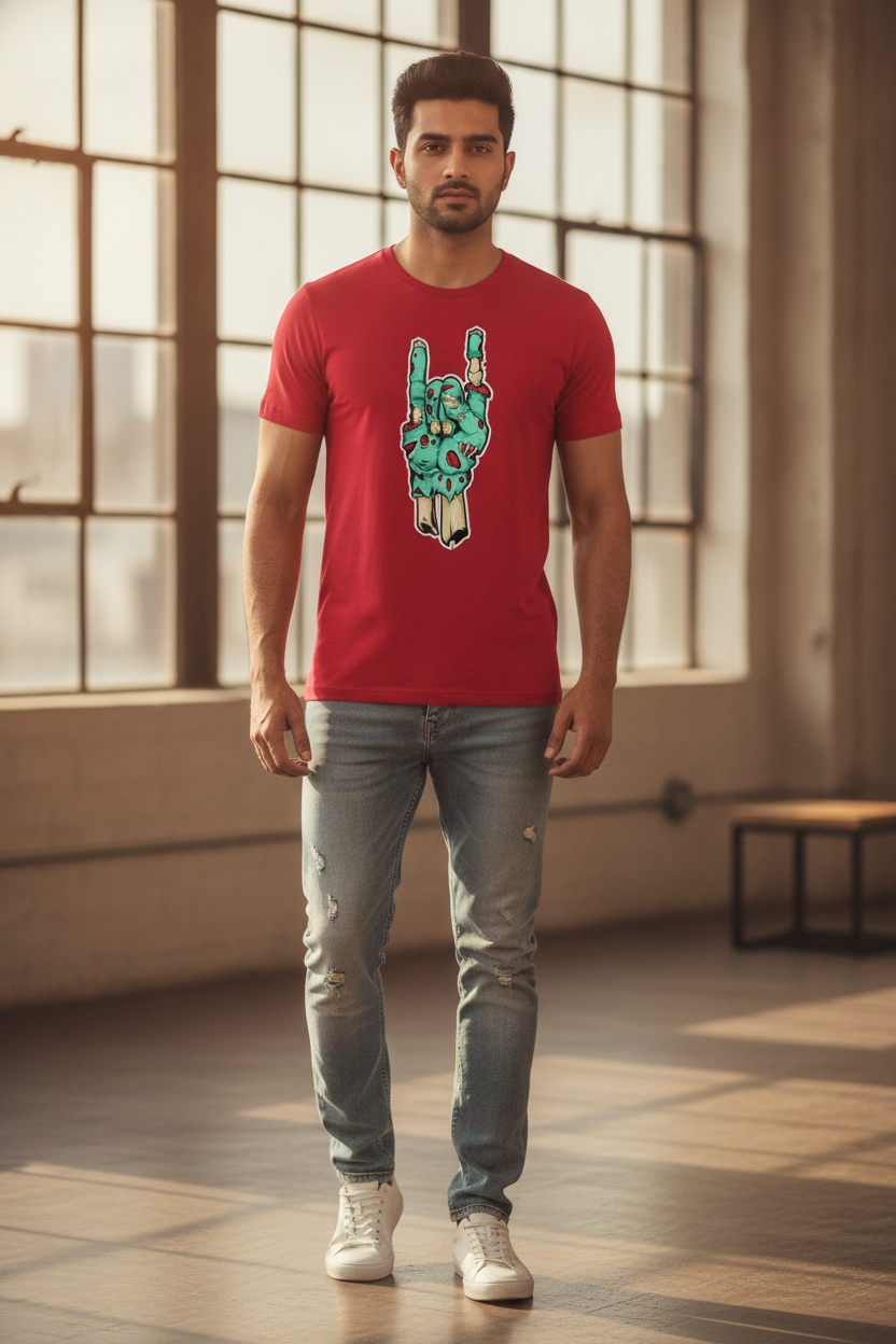 Metal Hand Zombie Graphic Printed Red Tshirt