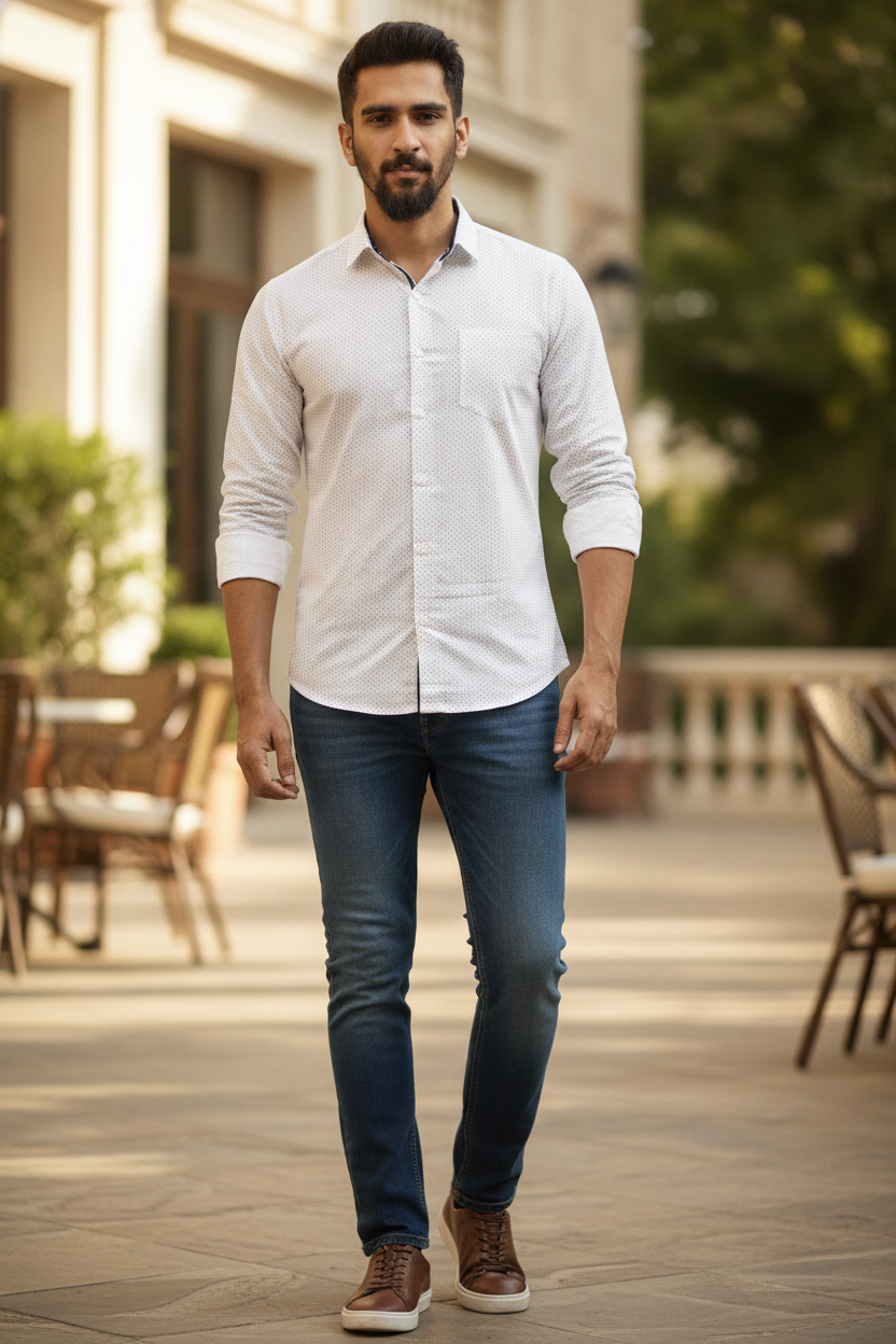 Micro Print White Slim Fit Shirt