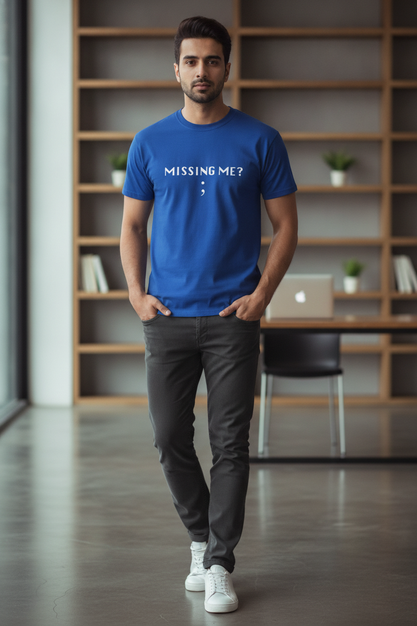 Missing Me - Semicolon - Coders and Developers Quirky Tee Blue Color