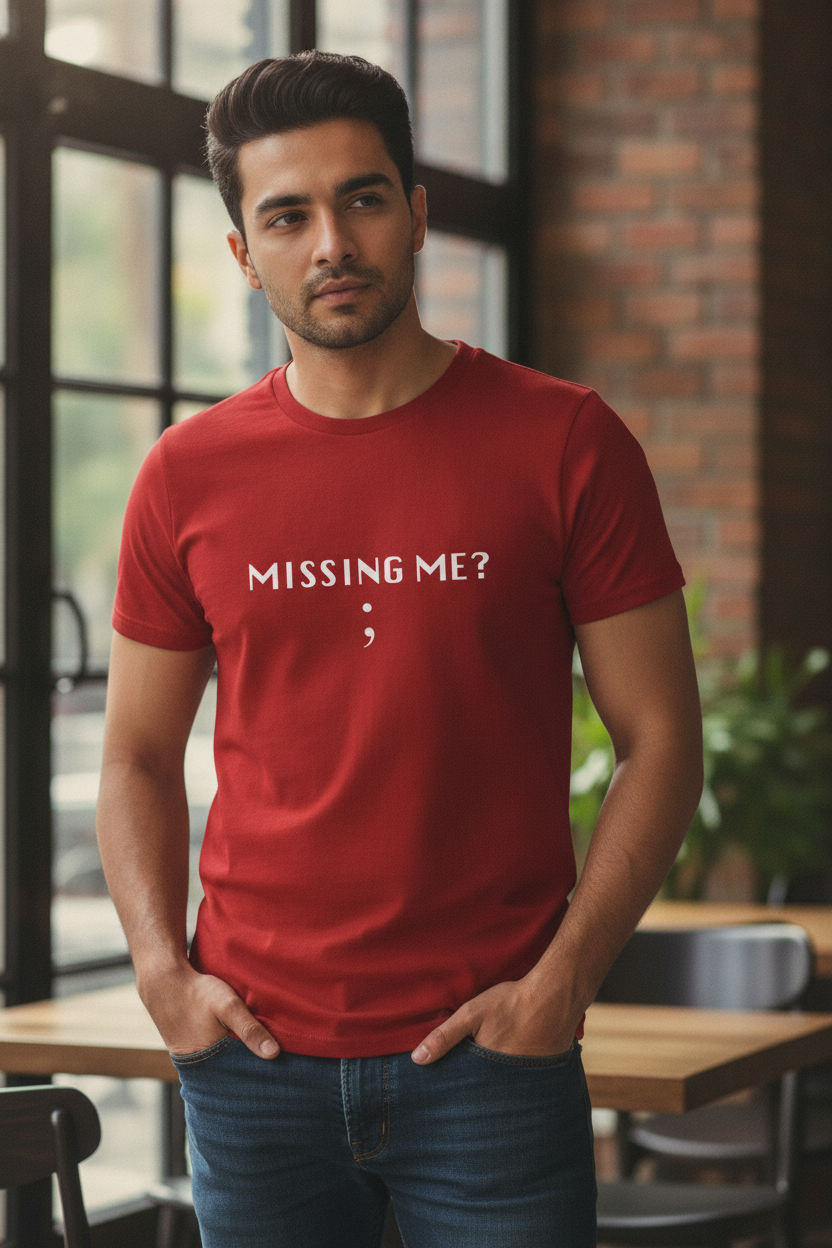 Missing Me - Semicolon - Coders and Developers Quirky Tee Red Color