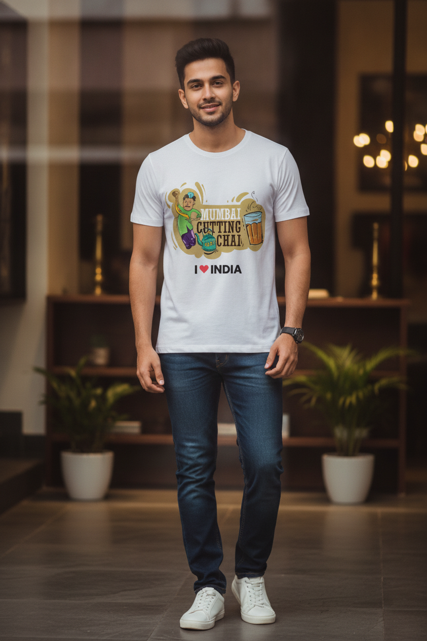 Mumbai Cutting Chai - Styched in India Graphic T-Shirt White Color