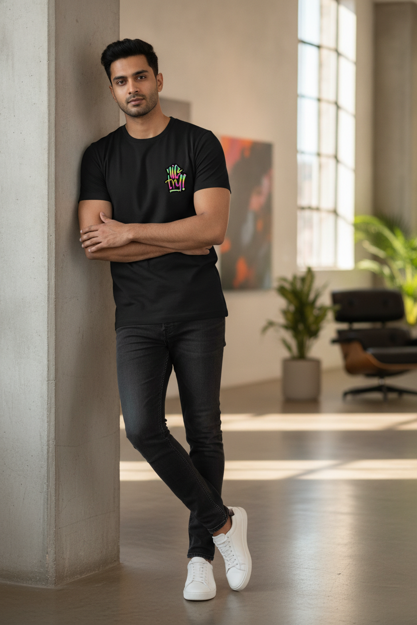 Nice Try Pocket Printed Graphic Black Tshirt