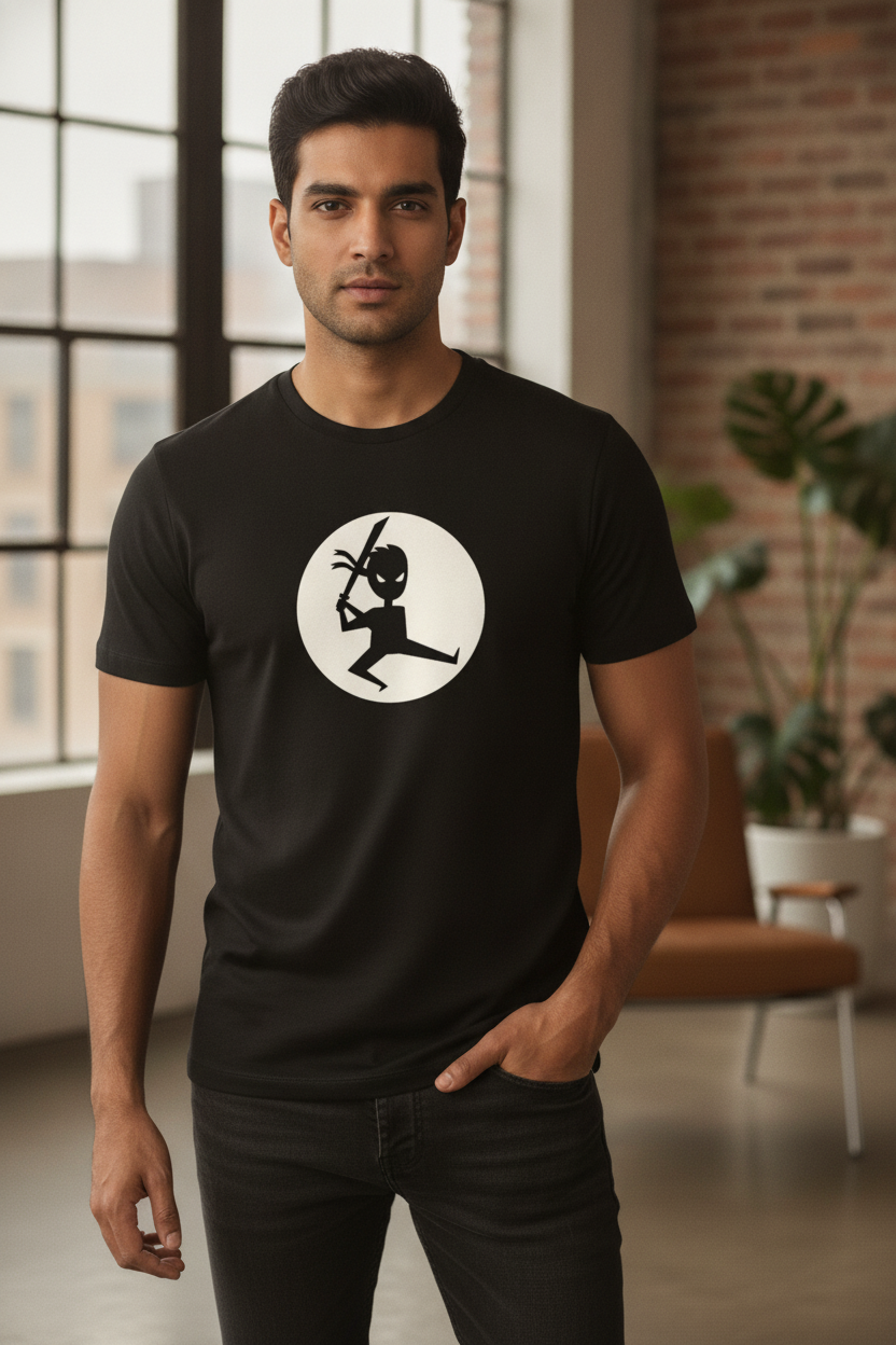 Ninja Warrior - Silhouette Black Printed Casual T-Shirt