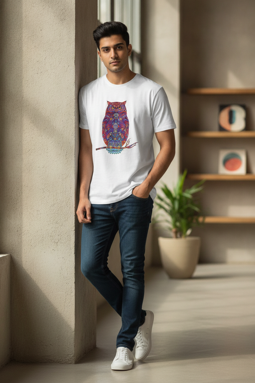 Owl Graphic Printed White Tshirt