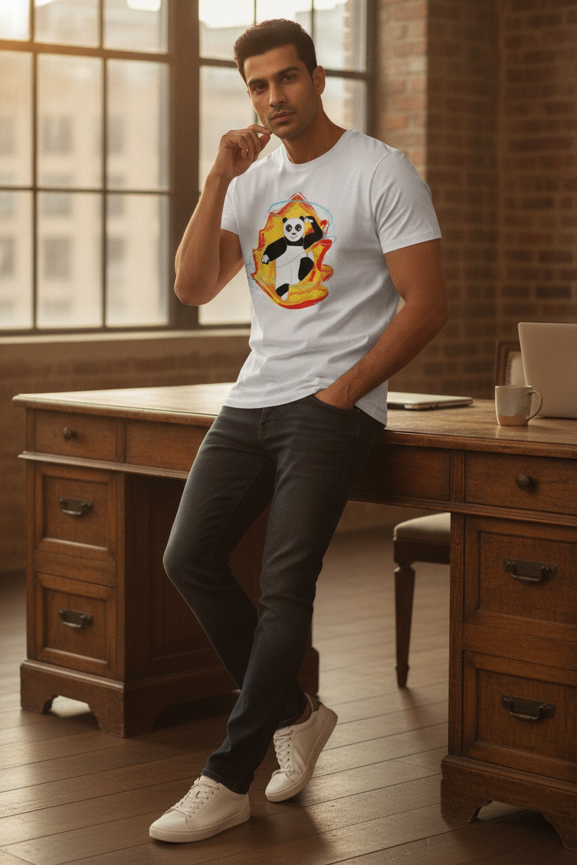 Panda On Fire Graphic Printed White Tshirt