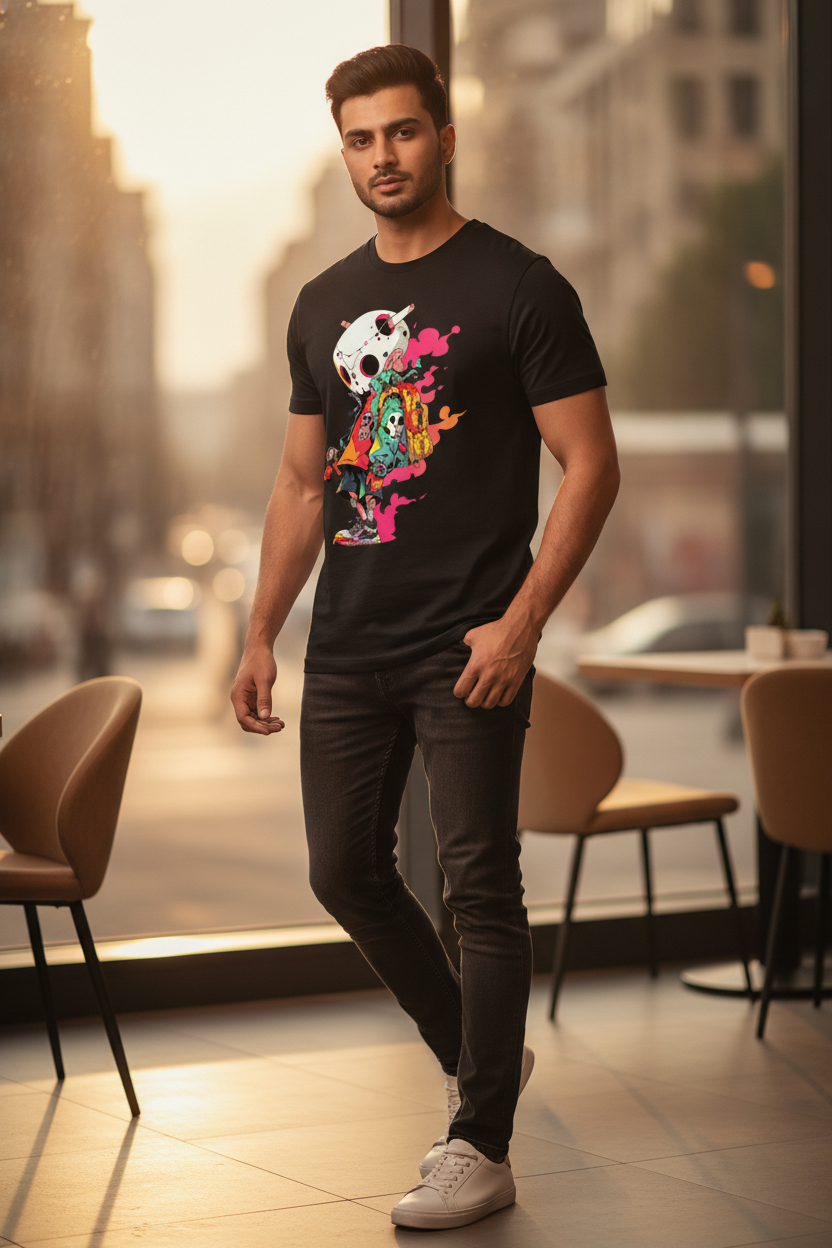 Pink Skull Graphic Printed Black Tshirt
