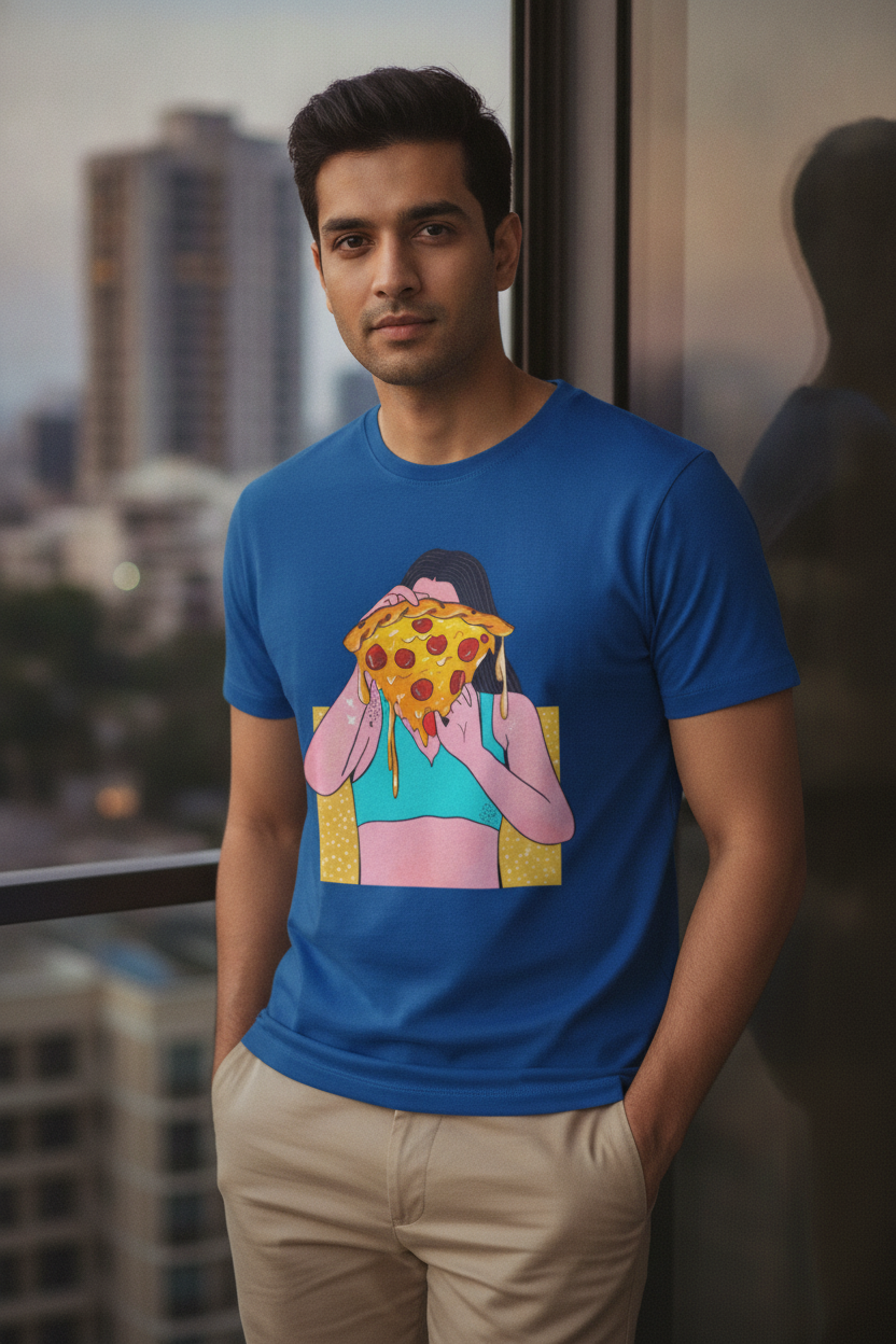 Pizza Girl Graphic Printed Blue Tshirt