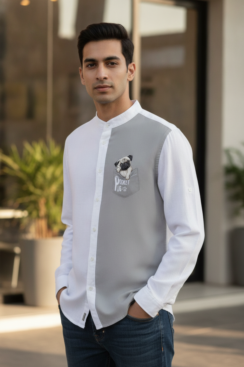 Pocket Pug White and Grey Full Sleeve Shirt