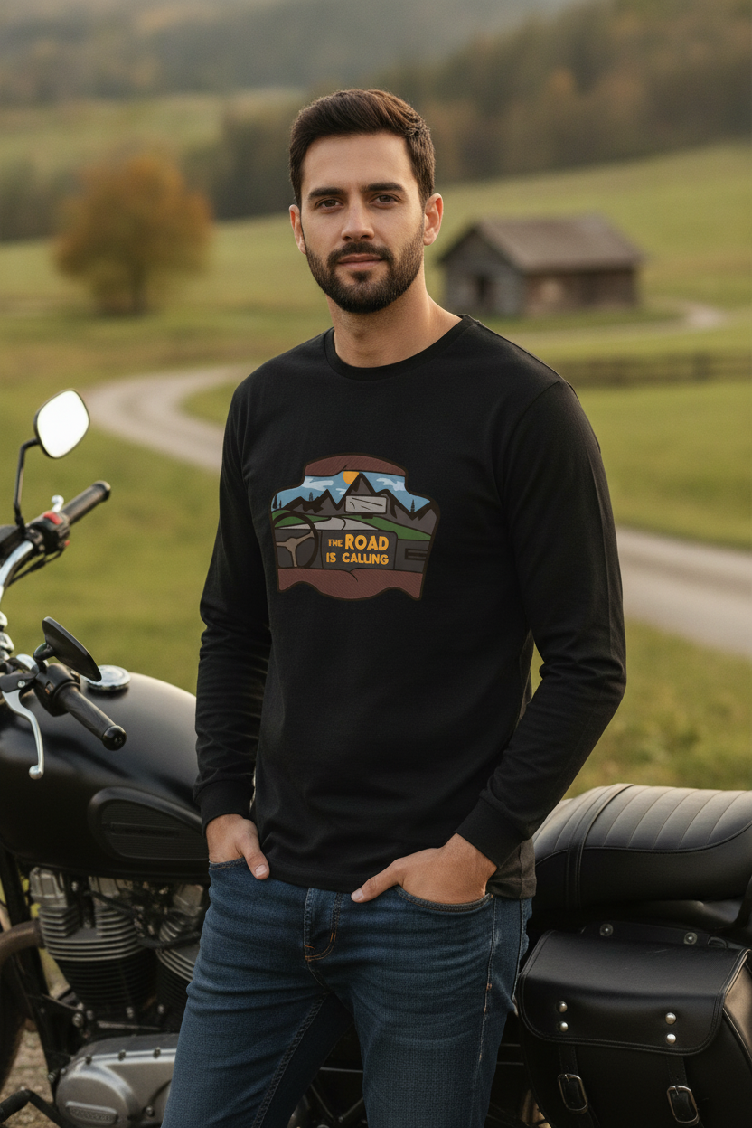 Road Is Calling - Travel Theme Full Sleeve Graphic Printed Black T-Shirt