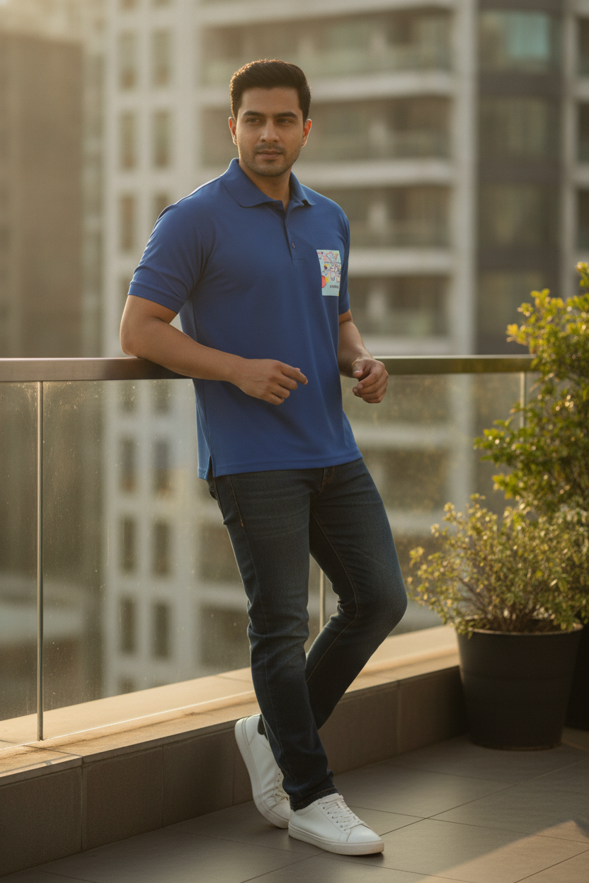 Royal Blue Premium Polo T-Shirt with Memphis Geometric Style Pocket Print