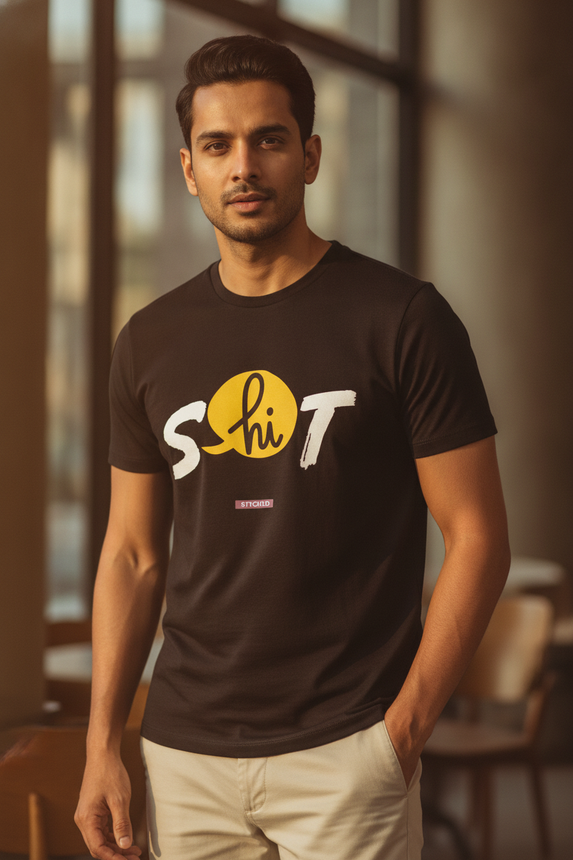 S Says Hi to T in the Alphabet Series - Quirky Graphic T-Shirt Black Color