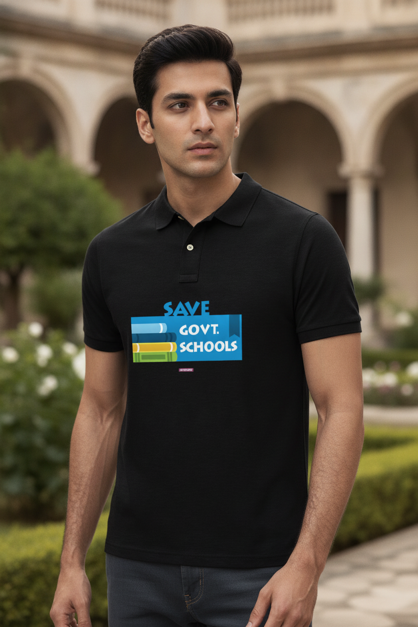 Save Govt. Schools Movement Tee - Styched in India Graphic Polo T-Shirt Black Color