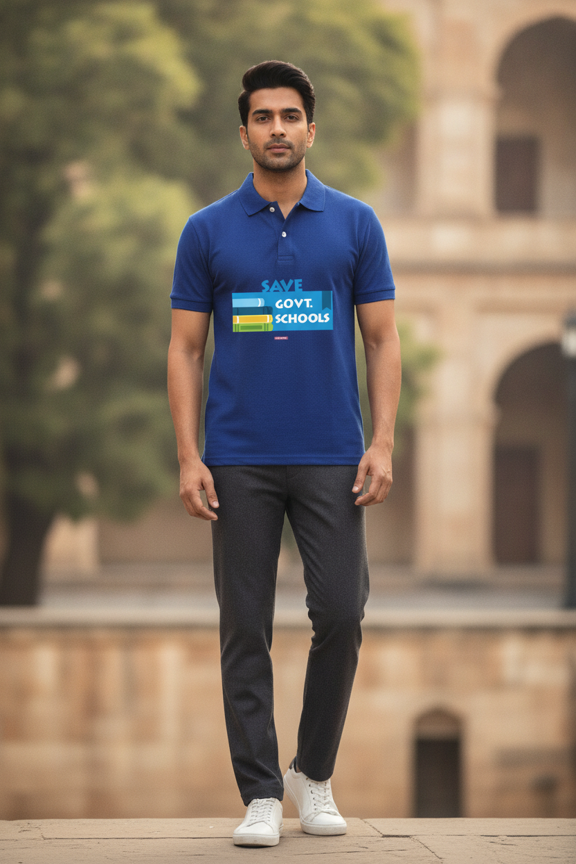 Save Govt. Schools Movement Tee - Styched in India Graphic Polo T-Shirt Blue Color