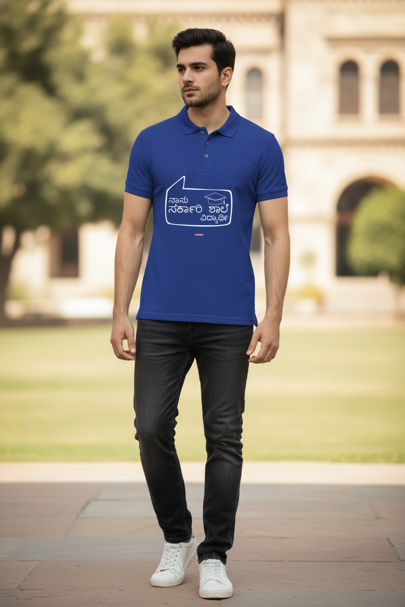 Save Govt. Schools Movement Tee - Styched in India Graphic Polo T-Shirt Blue Color