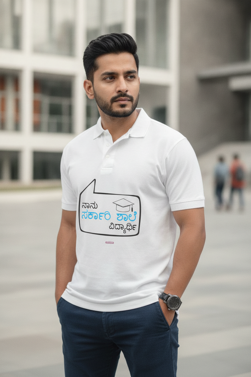 Save Govt. Schools Movement Tee - Styched in India Graphic Polo T-Shirt White Color