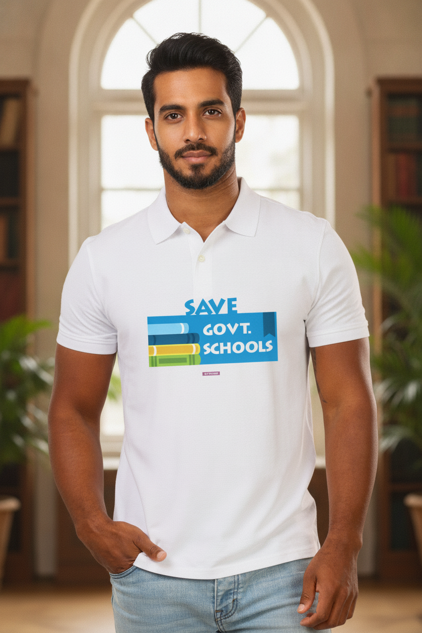 Save Govt. Schools Movement Tee - Styched in India Graphic Polo T-Shirt White Color