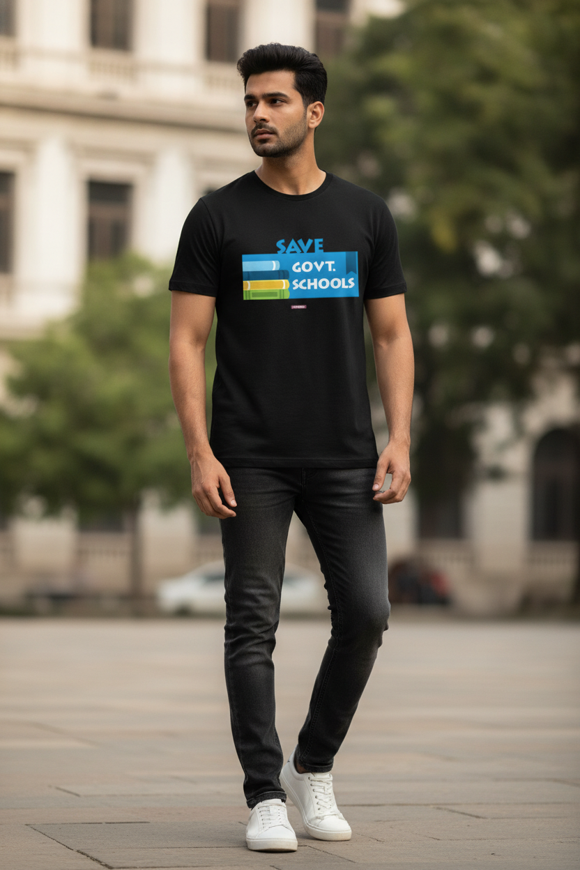 Save Govt. Schools Movement Tee - Styched in India Graphic T-Shirt Black Color