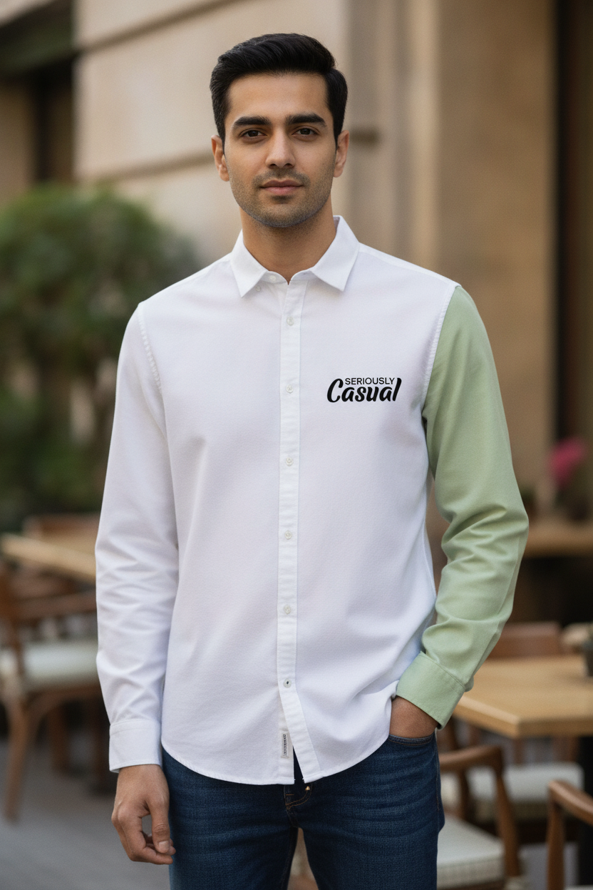 Seriously Casual White and Green Full Sleeve Shirt