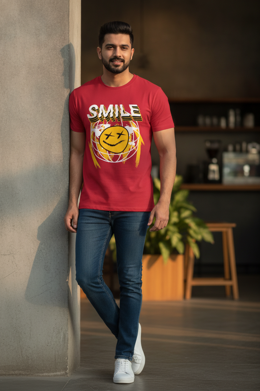 Smile Graphic Printed Red Tshirt