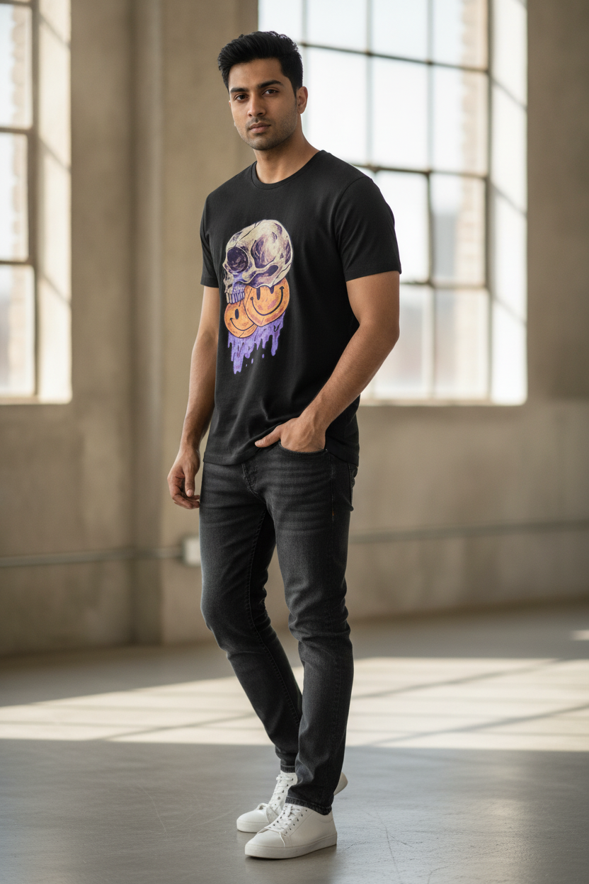 Smiley Skull Graphic Printed Black Tshirt