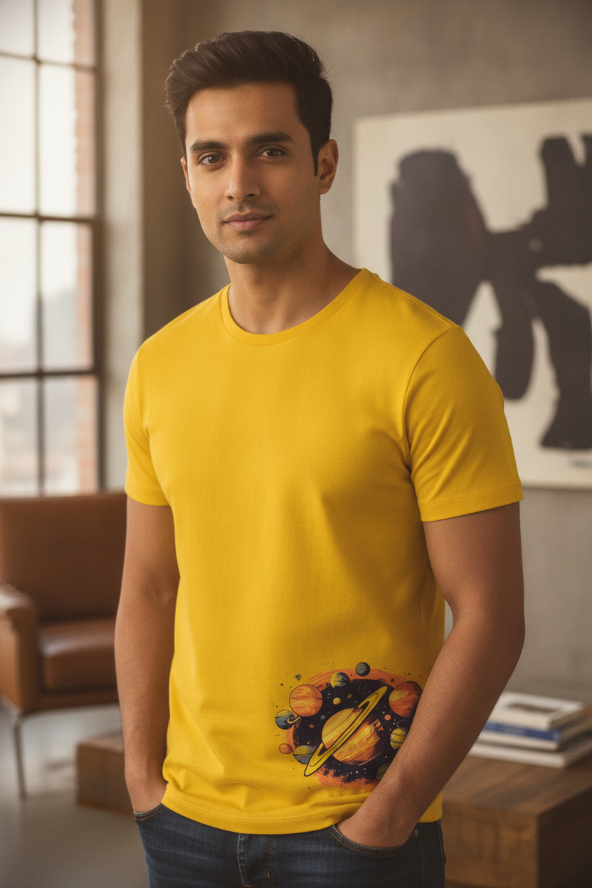 Solar System Graphic Printed Yellow Tshirt