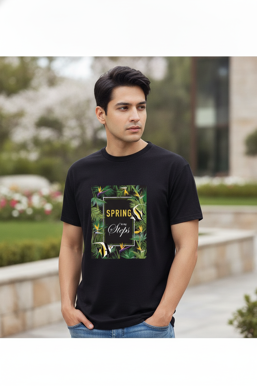 Spring in my Steps - Grunge Tropical Printed Black Tee