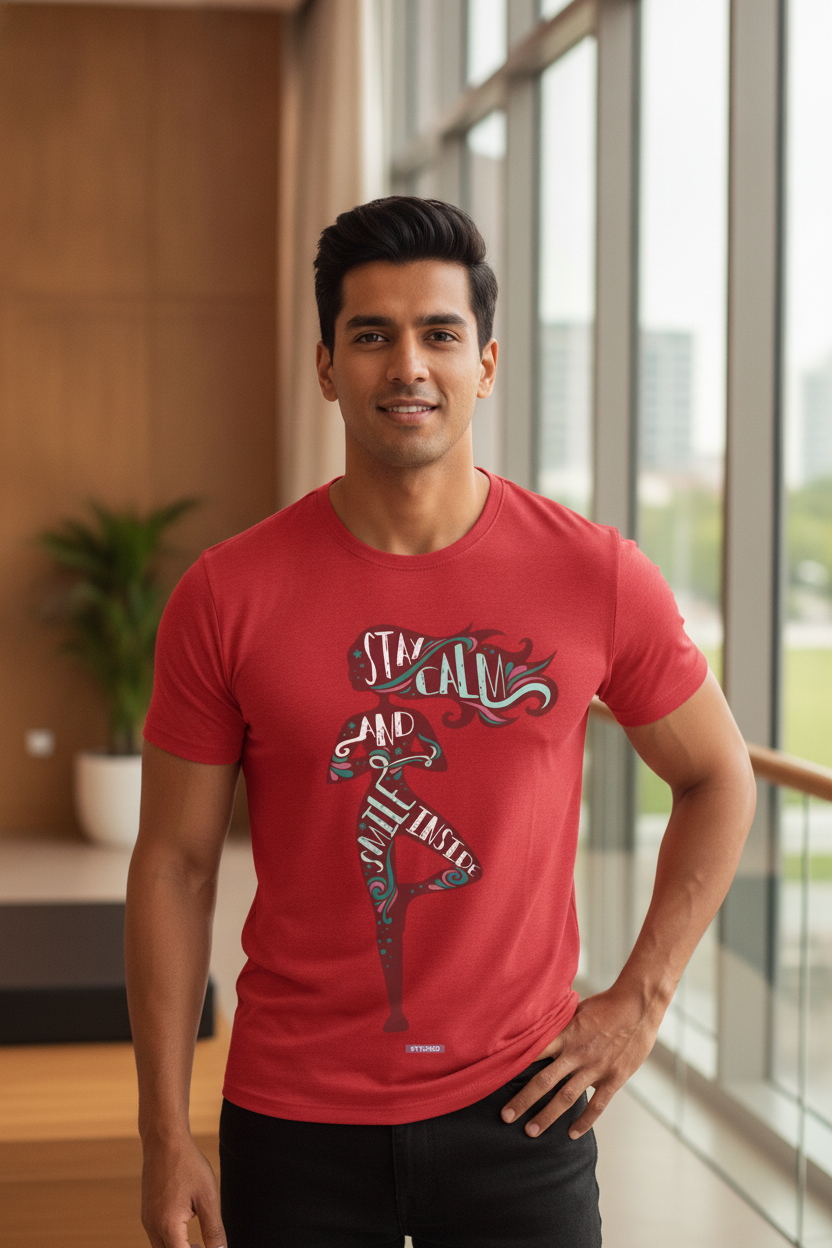 Stay Calm and Smile Inside - Quirky Graphic T-Shirt Red Color