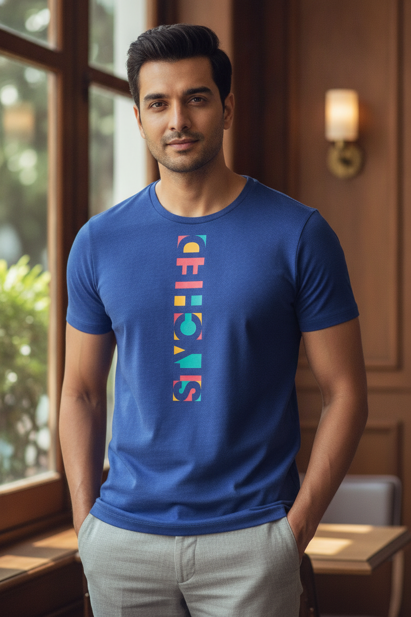 Styched Authentic Vertical print 2019 Collection Casual T-Shirt Blue