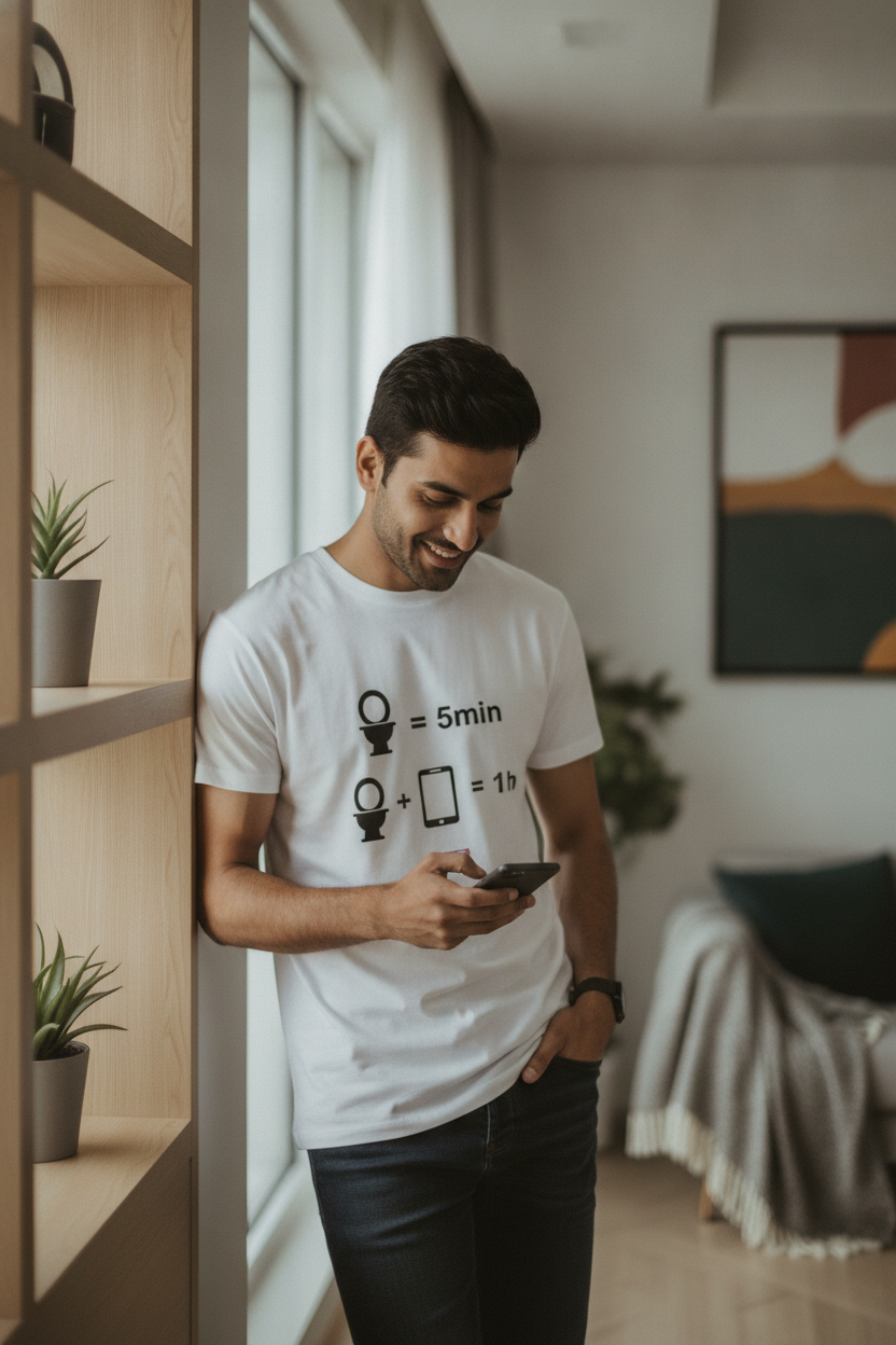 Time in restroom with phone - Quirky Graphic T-Shirt White Color