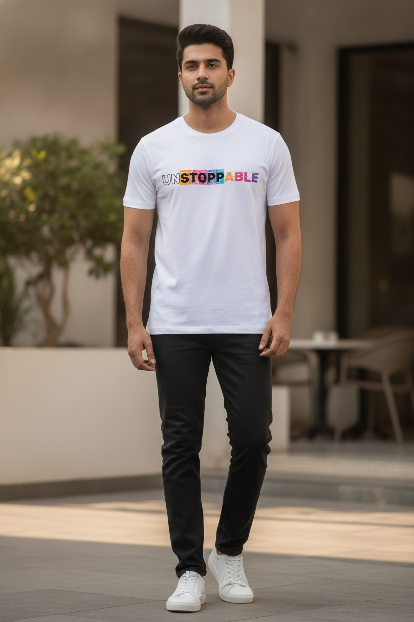 Unstoppable Minimalistic Colored patch white Tee Casual