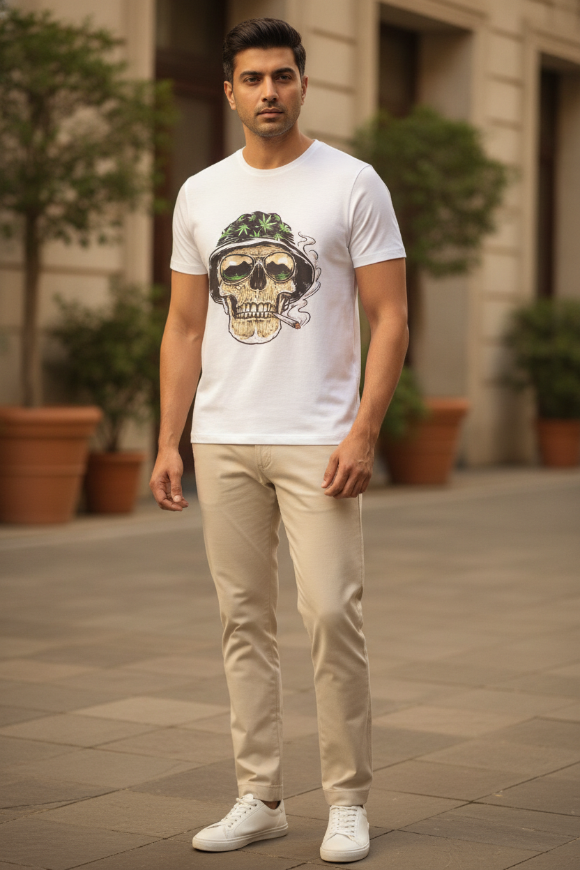Weed Puffing Skeleton - White Casual Quirky T-Shirt