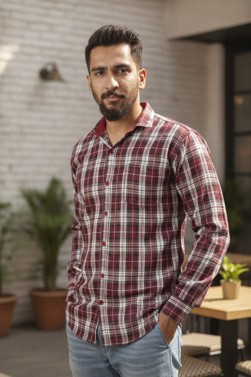 White and Maroon Checked Slim Fit Shirt