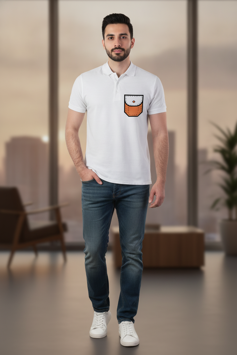 White Premium Polo T-Shirt with Colored Outlined Pocket Print