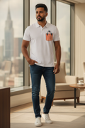 White Premium Polo T-Shirt with Penguin peeping out of orange Pocket Printed
