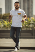 White Premium Polo T-Shirt with Pizza towering out Pocket Print