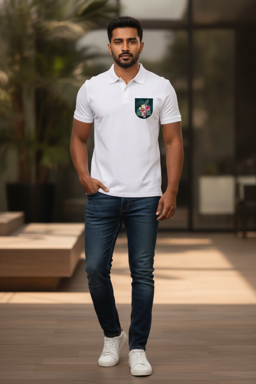 White Premium Polo T-Shirt with Tropical Grunge Graphics on Pocket Printed