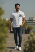 White Premium Polo T-Shirt with Tropical Savannah Graphics on Pocket Printed