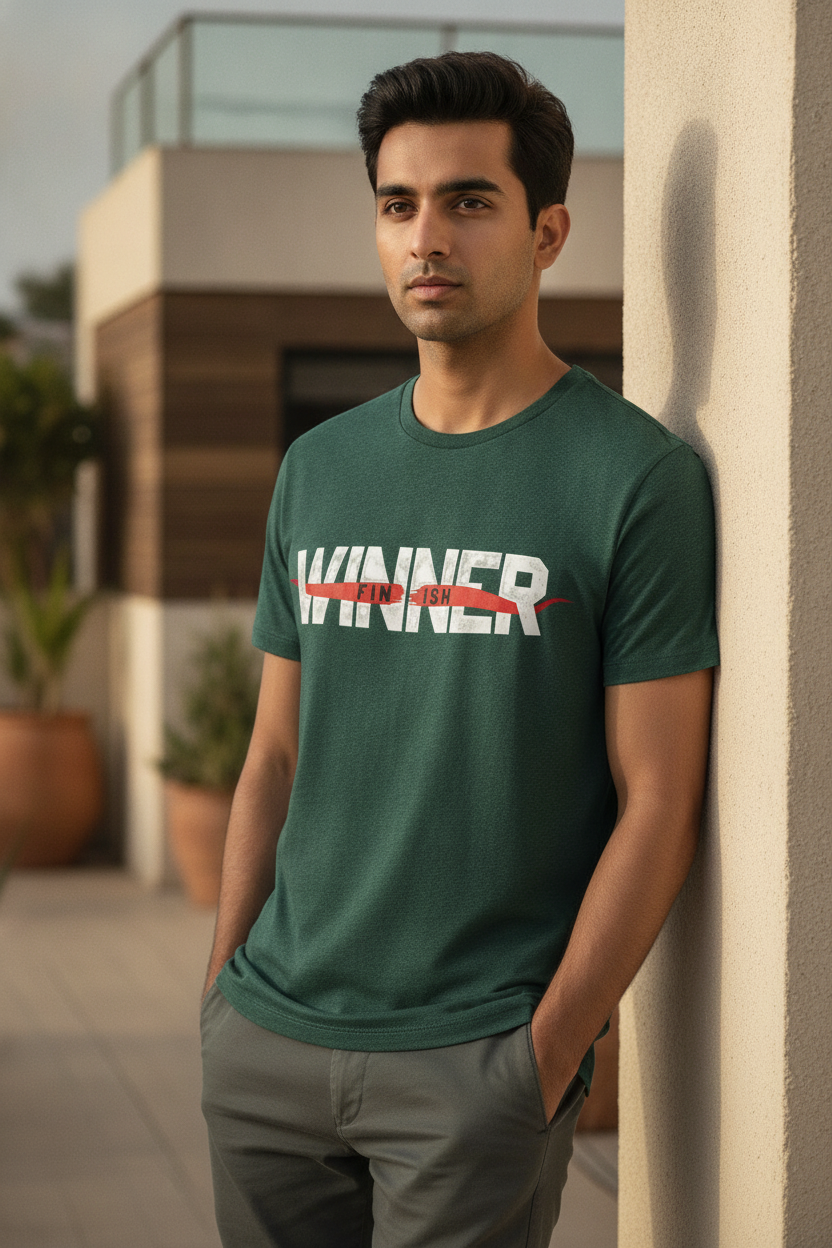 Winner Finish - The stuff of champions! Green round neck Tshirt