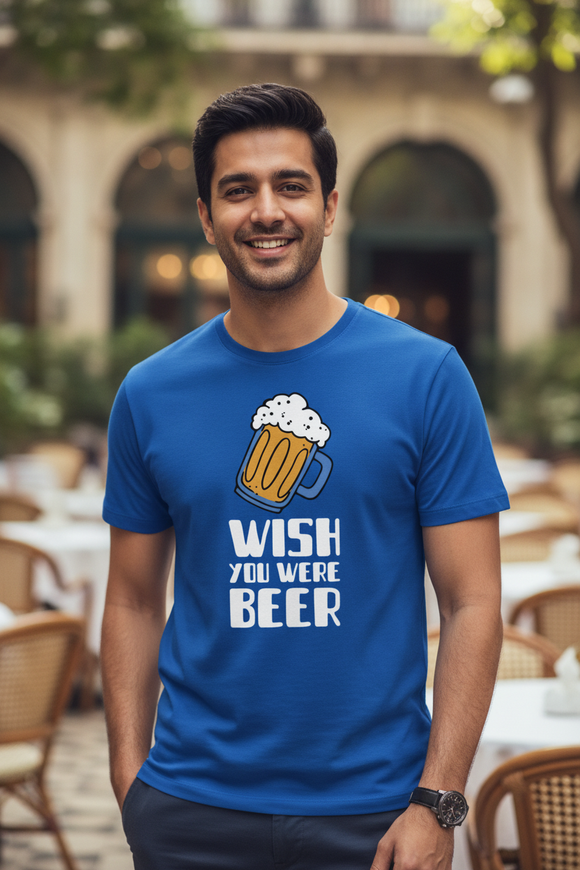 Wish You Were Beer Graphic Printed Blue Tshirt