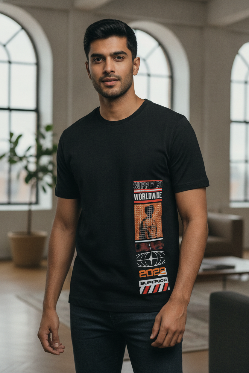 Worldwide Graphic Printed Black Tshirt