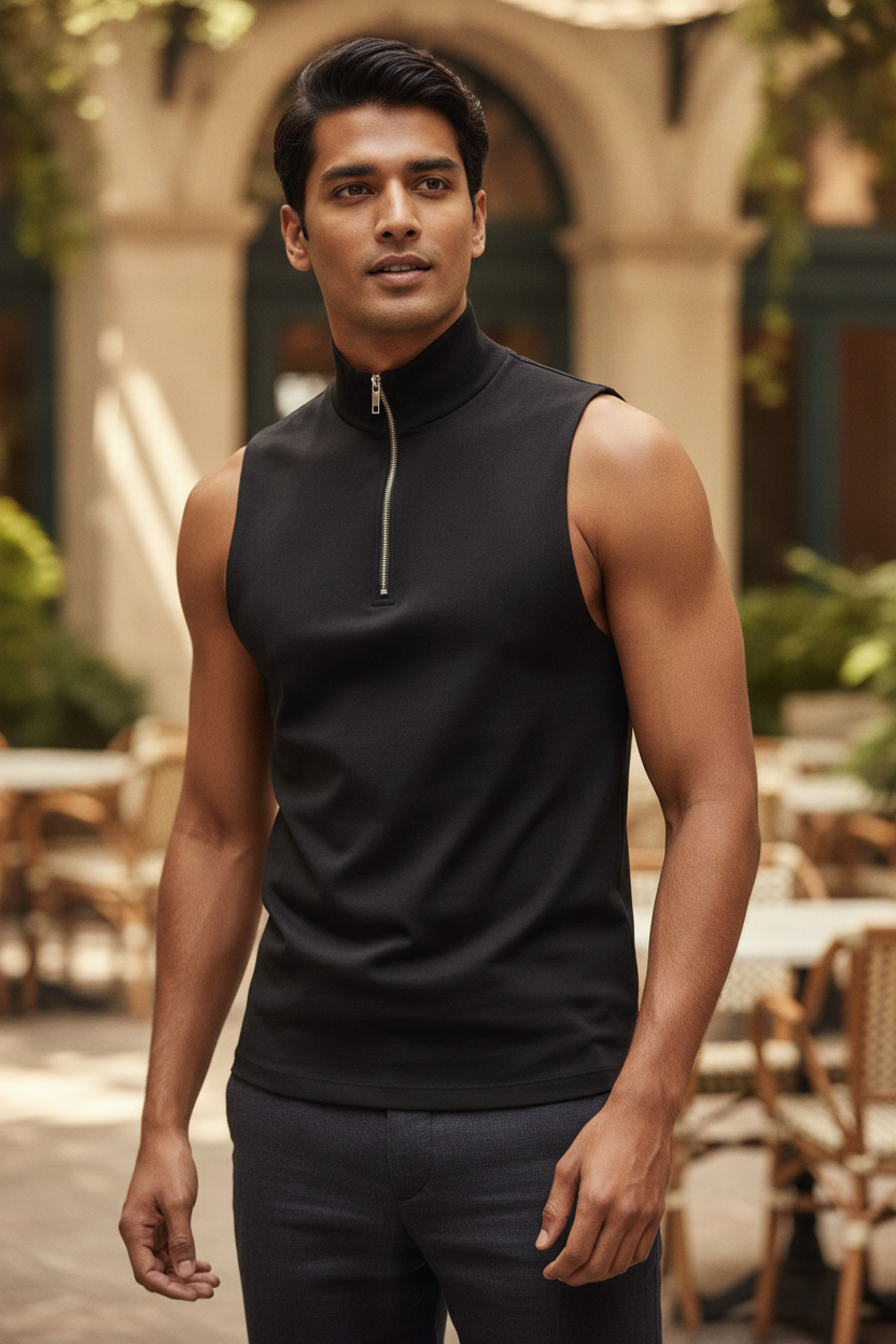 Zip Up Sleeveless T-shirt