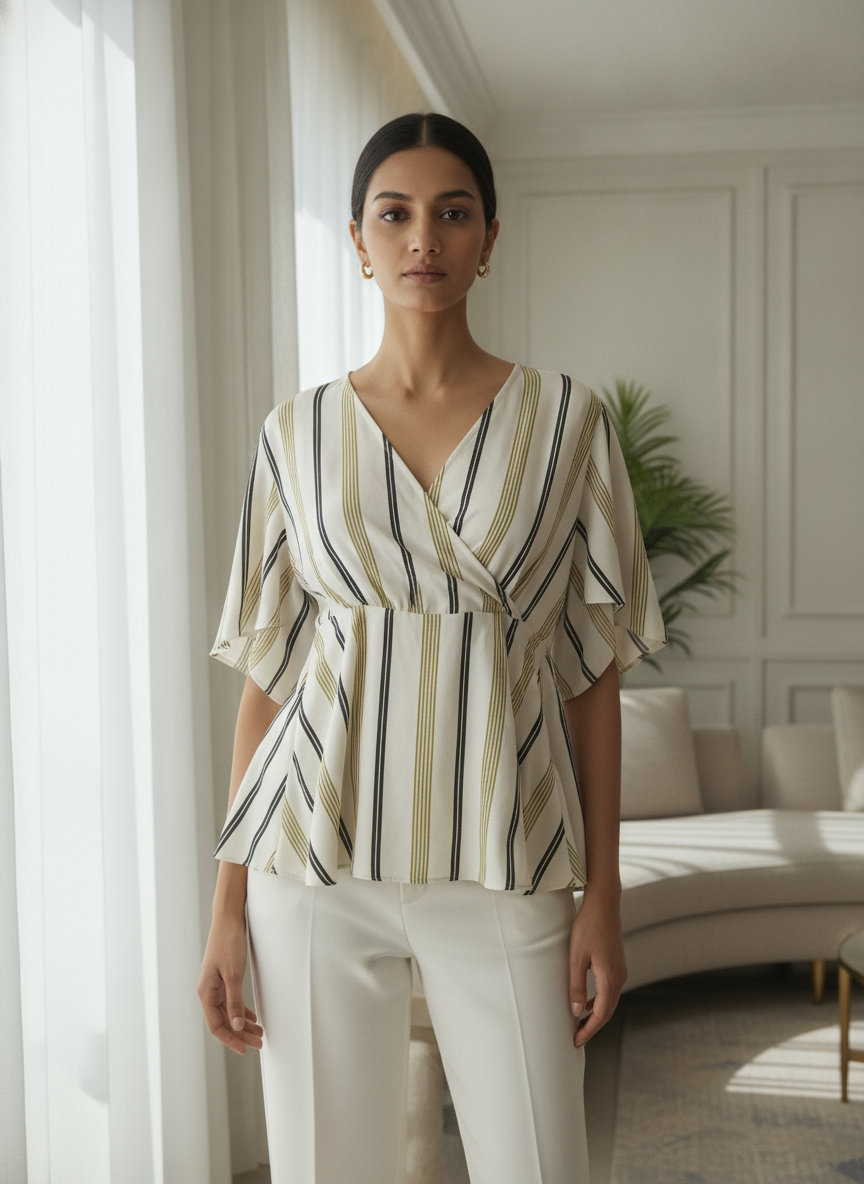 Women's Striped V-Neck Wrap Top