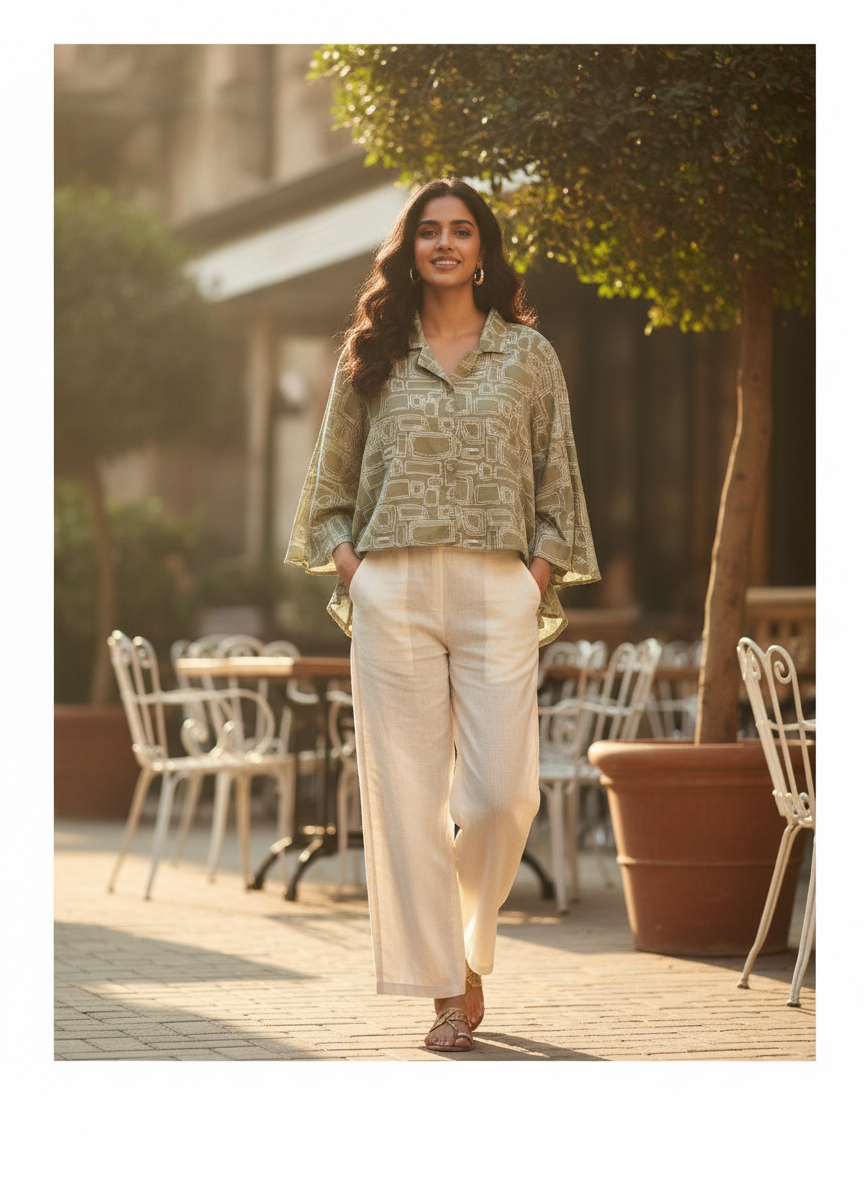 Olive Green Abstract Print Relaxed Fit Top