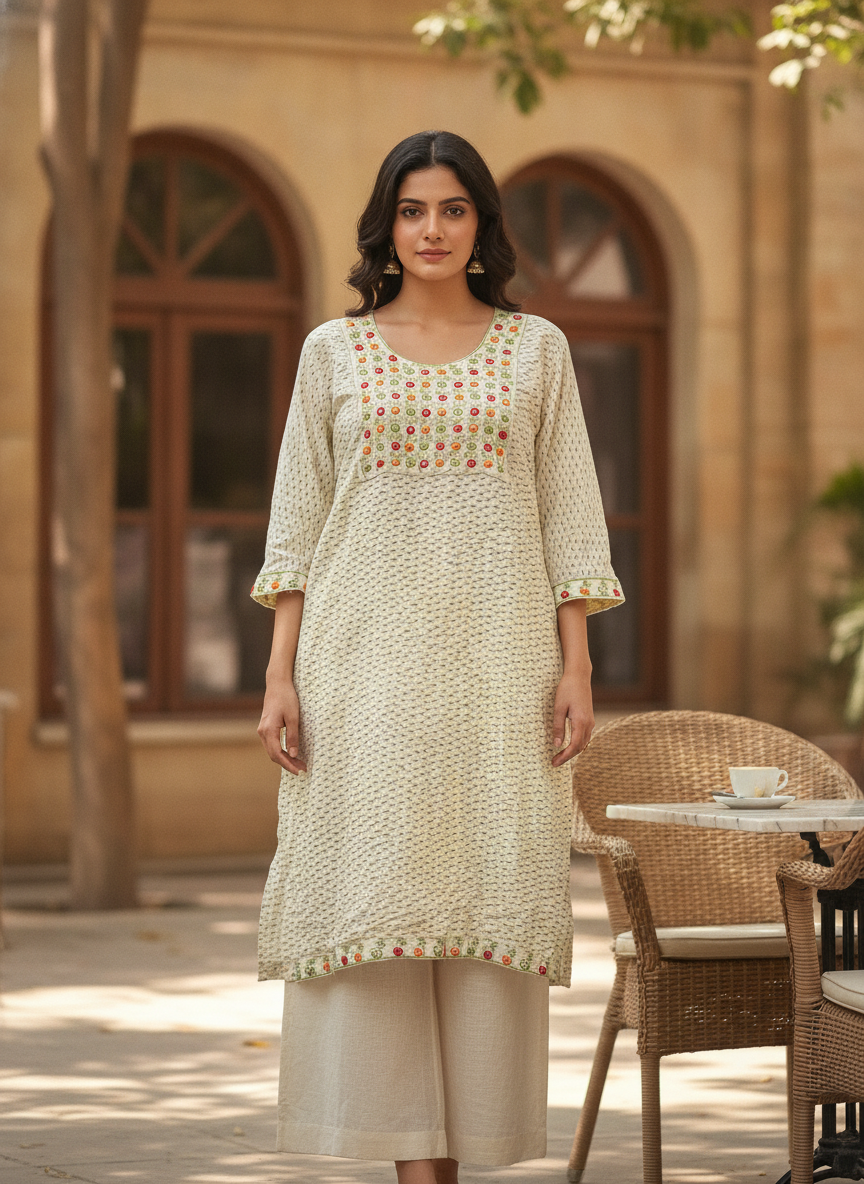 Off White Embroidered Self Design Cotton Kurti