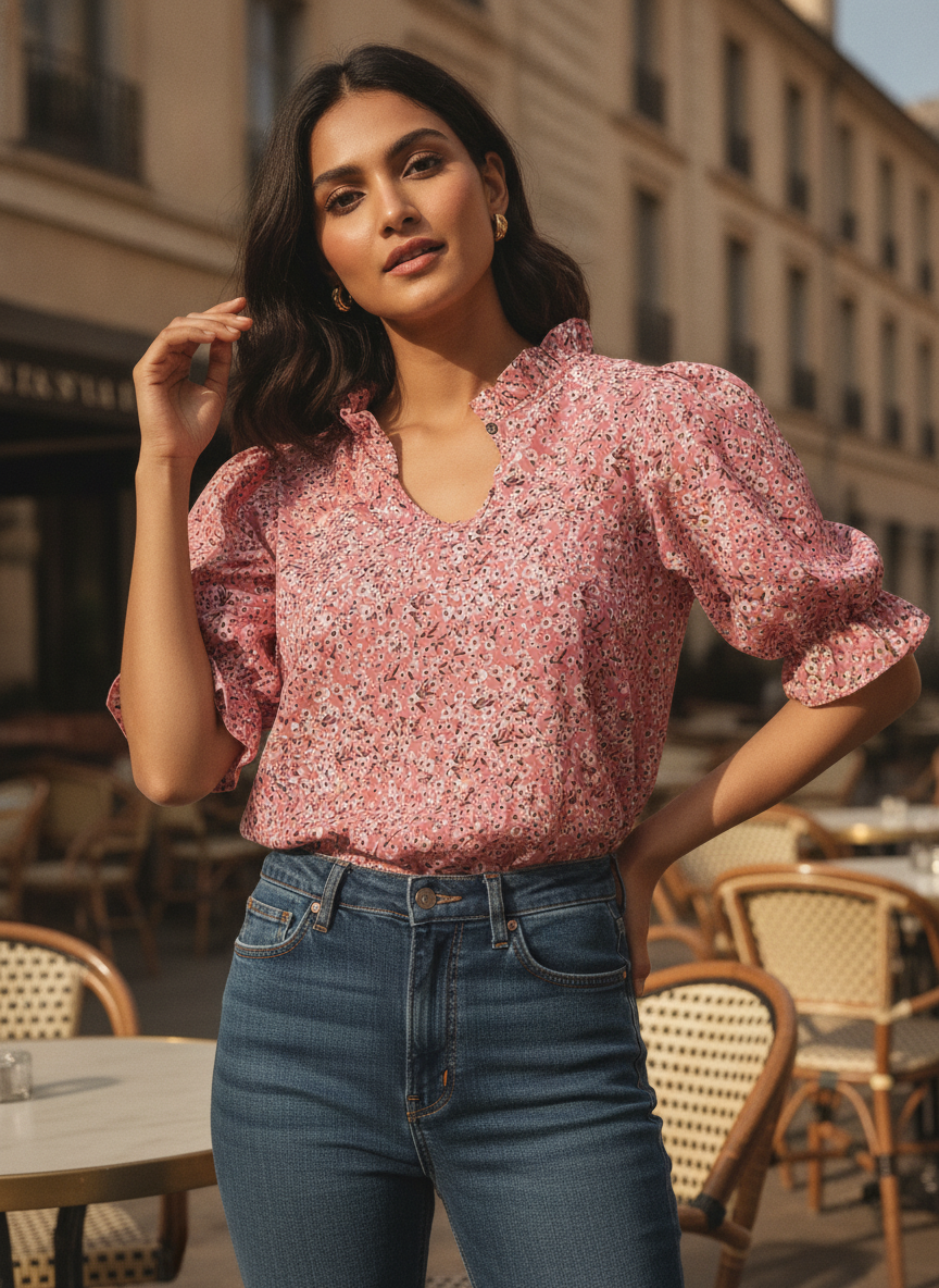Pink Floral Printed Ruffled Neck Relaxed Fit Top