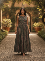 Dark Green Ethnic Print Flared Maxi Dress