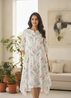 White Botanical Print Relaxed Fit Kurti
