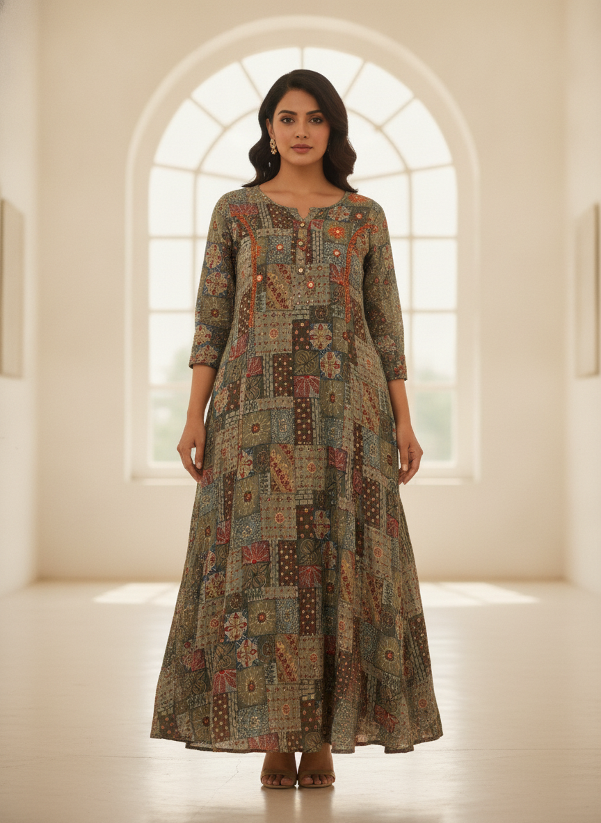 Multi-colored Embellished Ethnic Print Flared Kurti